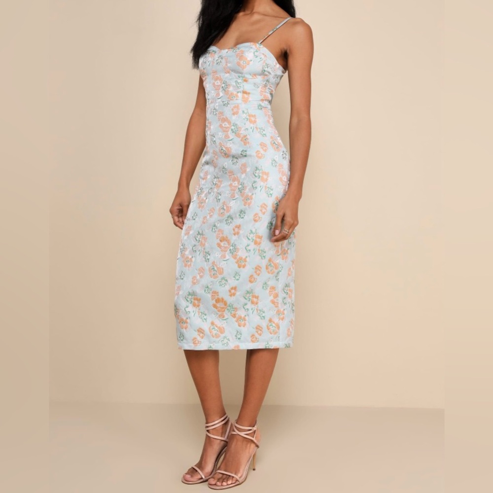 Lulu's Light Blue Floral Midi Dress with Peach Accents